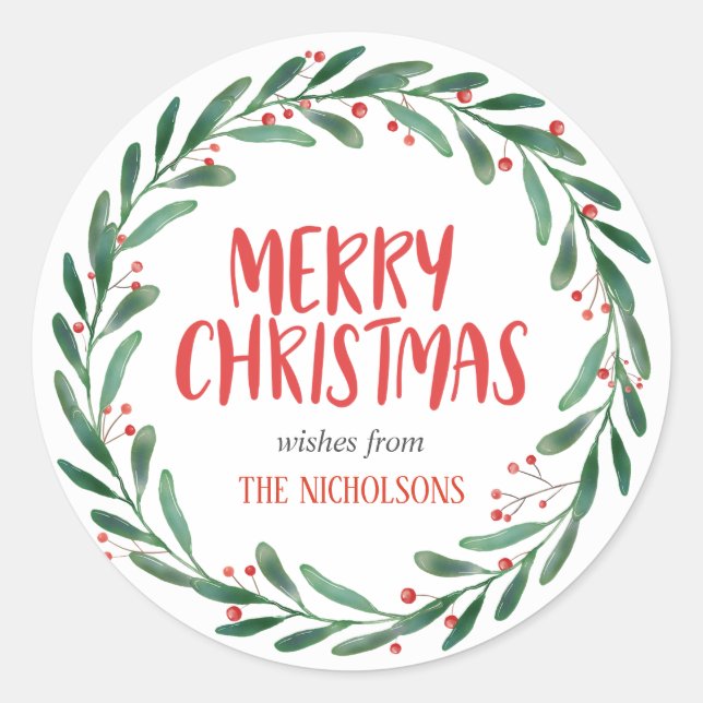 Merry Christmas Handwritten Script | Wreath Classic Round Sticker (Front)