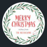 Merry Christmas Handwritten Script | Wreath Classic Round Sticker<br><div class="desc">Merry Christmas Handwritten Script | Wreath</div>