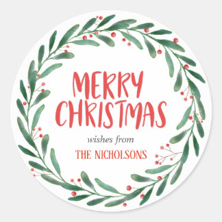 Merry Christmas Handwritten Script | Wreath Classic Round Sticker
