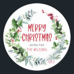 Merry Christmas Handwritten Script Wreath Foliage Classic Round Sticker<br><div class="desc">Merry Christmas Handwritten Script Wreath Foliage Classic Round Sticker.</div>