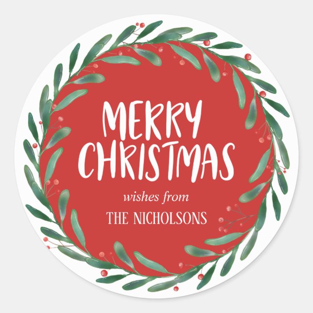 Merry Christmas Handwritten Script | Wreath | Red Classic Round Sticker (Front)