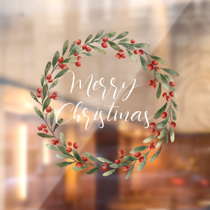Merry Christmas handwritten text wreath Window Cling