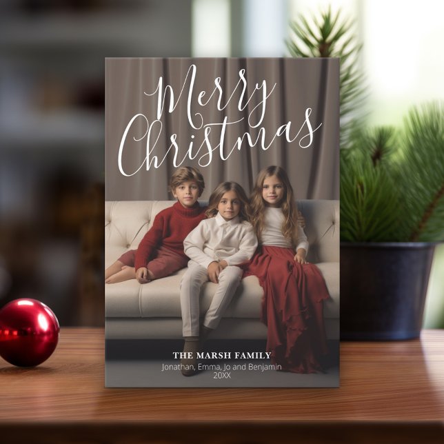 Merry Christmas Handwritten with Full Photo MCM Holiday Card (Modern Christmas Card with Photos)