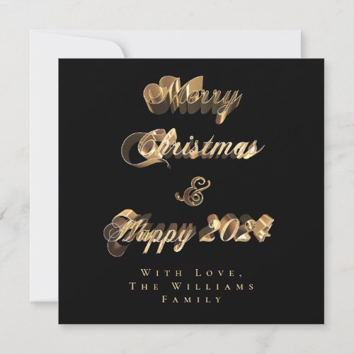 Merry Christmas Happy 2024 Black and Gold Script Holiday Card