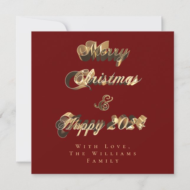 Merry Christmas Happy 2024 Red and Gold Script Holiday Card (Front)