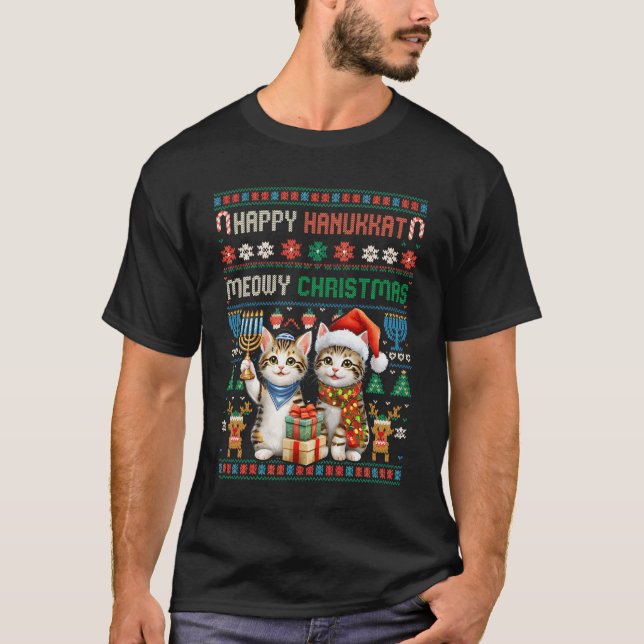 Merry Christmas Happy Hanukkah Cat Hanukkat Jewish T-Shirt (Front)