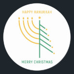 Merry Christmas, Happy Hanukkah Classic Round Sticker<br><div class="desc">Merry Christmas,  Happy Hanukkah,  inter religious holiday card with Christmas tree and Menorah,  interfaith peace,  seasonal sticker</div>