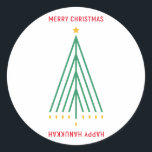 Merry Christmas, Happy Hanukkah Classic Round Sticker<br><div class="desc">Merry Christmas,  Happy Hanukkah,  inter religious holiday card with Christmas tree and Menorah,  menora,  interfaith peace,  seasonal sticker</div>