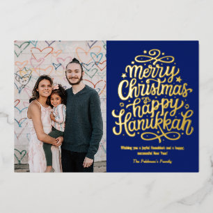 Merry Christmas Happy Hanukkah Family Photo  Foil Holiday Card