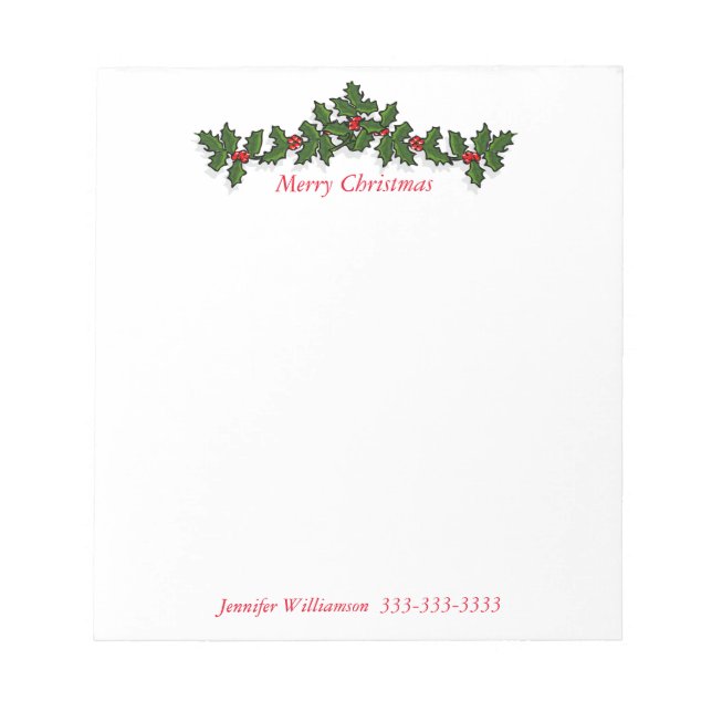 Merry Christmas Happy Holiday Holly Personalized Notepad (Front)