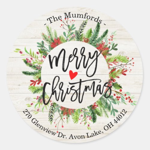 Merry Christmas Happy Holiday Holly Wreath Address Classic Round Sticker