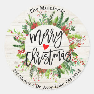 Merry Christmas Happy Holiday Holly Wreath Address Classic Round Sticker