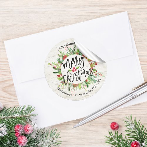 Merry Christmas Happy Holiday Holly Wreath Address Classic Round Sticker