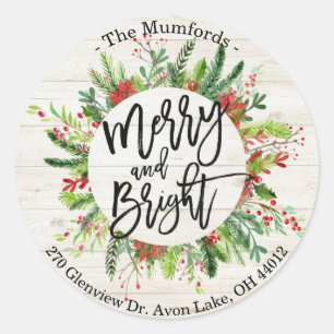 Merry Christmas Happy Holiday Holly Wreath Address Classic Round Sticker
