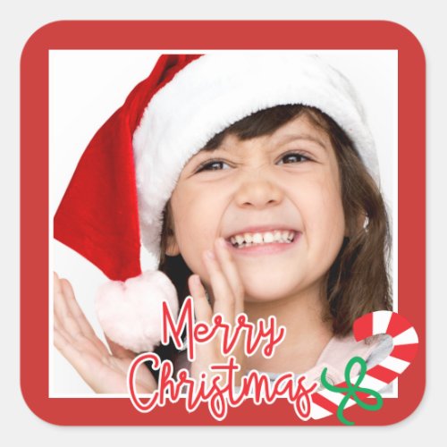 Merry Christmas  Happy Holiday Photo Candy Cane Square Sticker