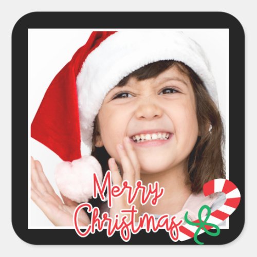 Merry Christmas  Happy Holiday Photo Candy Cane Square Sticker