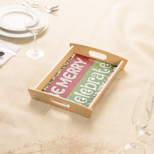 Merry Christmas Happy Holidays Celebrate Red Green Serving Tray (Front)