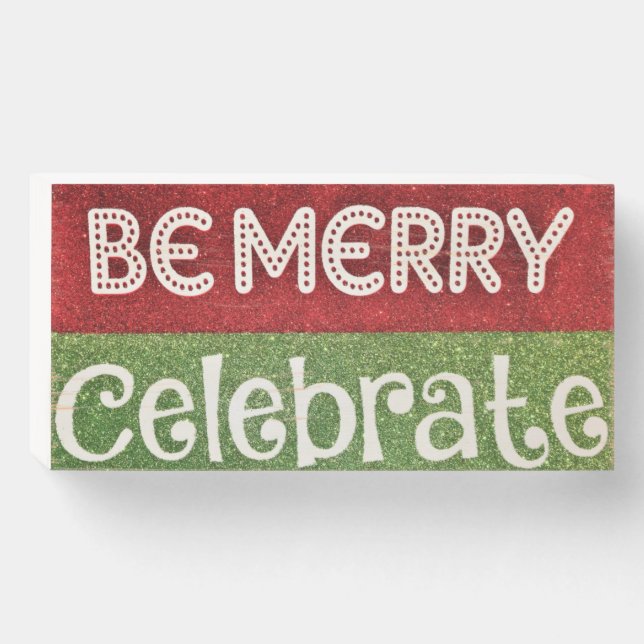 Merry Christmas Happy Holidays Celebrate Red Green Wooden Box Sign (Front Horizontal)