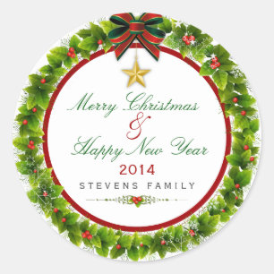 Merry Christmas & Happy Holidays Christmas Wreath Classic Round Sticker