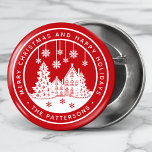 Merry Christmas Happy Holidays Winter Personalized Button<br><div class="desc">Merry Christmas Happy Holidays Winter Personalized Name Buttons features the text "Merry Christmas and Happy Holidays" in modern white script on a red background and personalized with your name surrounding a home with Christmas trees and snowflakes. Perfect for Christmas party favors and Holiday gifts. Designed by ©Evco Studio www.zazzle.com/store/evcostudio</div>