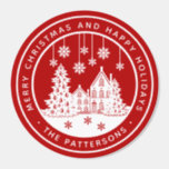Merry Christmas Happy Holidays Winter Personalized Classic Round Sticker<br><div class="desc">Merry Christmas Happy Holidays Winter Personalized Name Stickers Labels features the text "Merry Christmas and Happy Holidays" in modern white script on a red background and personalized with your name surrounding a home with Christmas trees and snowflakes. Perfect for Christmas party favors and Holiday gifts or in the office for...</div>