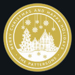 Merry Christmas Happy Holidays Winter Personalized Classic Round Sticker<br><div class="desc">Merry Christmas Happy Holidays Winter Personalized Name Stickers Labels features the text "Merry Christmas and Happy Holidays" in modern white script on a gold background and personalized with your name surrounding a home with Christmas trees and snowflakes. Perfect for Christmas party favors and Holiday gifts or in the office for...</div>