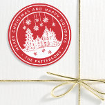 Merry Christmas Happy Holidays Winter Personalized Classic Round Sticker<br><div class="desc">Merry Christmas Happy Holidays Winter Personalized Name Stickers Labels features the text "Merry Christmas and Happy Holidays" in modern white script on a red background and personalized with your name surrounding a home with Christmas trees and snowflakes. Perfect for Christmas party favors and Holiday gifts or in the office for...</div>