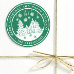Merry Christmas Happy Holidays Winter Personalized Classic Round Sticker<br><div class="desc">Merry Christmas Happy Holidays Winter Personalized Name Stickers Labels features the text "Merry Christmas and Happy Holidays" in modern white script on a green background and personalized with your name surrounding a home with Christmas trees and snowflakes. Perfect for Christmas party favors and Holiday gifts or in the office for...</div>