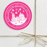Merry Christmas Happy Holidays Winter Personalized Classic Round Sticker<br><div class="desc">Merry Christmas Happy Holidays Winter Personalized Name Stickers Labels features the text "Merry Christmas and Happy Holidays" in modern white script on a pink background and personalized with your name surrounding a home with Christmas trees and snowflakes. Perfect for Christmas party favors and Holiday gifts or in the office for...</div>