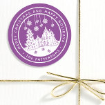 Merry Christmas Happy Holidays Winter Personalized Classic Round Sticker<br><div class="desc">Merry Christmas Happy Holidays Winter Personalized Name Stickers Labels features the text "Merry Christmas and Happy Holidays" in modern white script on a purple background and personalized with your name surrounding a home with Christmas trees and snowflakes. Perfect for Christmas party favors and Holiday gifts or in the office for...</div>