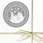 Merry Christmas Happy Holidays Winter Personalized Classic Round Sticker<br><div class="desc">Merry Christmas Happy Holidays Winter Personalized Name Stickers Labels features the text "Merry Christmas and Happy Holidays" in modern white script on a silver background and personalized with your name surrounding a home with Christmas trees and snowflakes. Perfect for Christmas party favors and Holiday gifts or in the office for...</div>