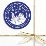 Merry Christmas Happy Holidays Winter Personalized Classic Round Sticker<br><div class="desc">Merry Christmas Happy Holidays Winter Personalized Name Stickers Labels features the text "Merry Christmas and Happy Holidays" in modern white script on a blue background and personalized with your name surrounding a home with Christmas trees and snowflakes. Perfect for Christmas party favors and Holiday gifts or in the office for...</div>