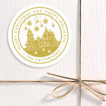 Merry Christmas Happy Holidays Winter Personalized Classic Round Sticker<br><div class="desc">Merry Christmas Happy Holidays Winter Personalized Name Stickers Labels features the text "Merry Christmas and Happy Holidays" in modern gold script and personalized with your name surrounding a home with Christmas trees and snowflakes. Perfect for Christmas party favors and Holiday gifts or in the office for products or mail. Designed...</div>