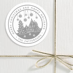 Merry Christmas Happy Holidays Winter Personalized Classic Round Sticker<br><div class="desc">Merry Christmas Happy Holidays Winter Personalized Name Stickers Labels features the text "Merry Christmas and Happy Holidays" in modern silver script and personalized with your name surrounding a home with Christmas trees and snowflakes. Perfect for Christmas party favors and Holiday gifts or in the office for products or mail. Designed...</div>