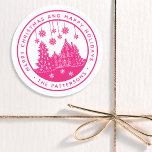 Merry Christmas Happy Holidays Winter Personalized Classic Round Sticker<br><div class="desc">Merry Christmas Happy Holidays Winter Personalized Name Stickers Labels features the text "Merry Christmas and Happy Holidays" in modern pink script and personalized with your name surrounding a home with Christmas trees and snowflakes. Perfect for Christmas party favors and Holiday gifts or in the office for products or mail. Designed...</div>
