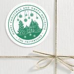 Merry Christmas Happy Holidays Winter Personalized Classic Round Sticker<br><div class="desc">Merry Christmas Happy Holidays Winter Personalized Name Stickers Labels features the text "Merry Christmas and Happy Holidays" in modern green script and personalized with your name surrounding a home with Christmas trees and snowflakes. Perfect for Christmas party favors and Holiday gifts or in the office for products or mail. Designed...</div>