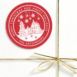 Merry Christmas Happy Holidays Winter Personalized Classic Round Sticker<br><div class="desc">Merry Christmas Happy Holidays Winter Personalized Name Stickers Labels features the text "Merry Christmas and Happy Holidays" in modern white script on a red background and personalized with your name surrounding a home with Christmas trees and snowflakes. Perfect for Christmas party favors and Holiday gifts or in the office for...</div>