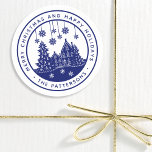 Merry Christmas Happy Holidays Winter Personalized Classic Round Sticker<br><div class="desc">Merry Christmas Happy Holidays Winter Personalized Name Stickers Labels features the text "Merry Christmas and Happy Holidays" in modern blue script and personalized with your name surrounding a home with Christmas trees and snowflakes. Perfect for Christmas party favors and Holiday gifts or in the office for products or mail. Designed...</div>