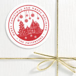 Merry Christmas Happy Holidays Winter Personalized Classic Round Sticker<br><div class="desc">Merry Christmas Happy Holidays Winter Personalized Name Stickers Labels features the text "Merry Christmas and Happy Holidays" in modern red script and personalized with your name surrounding a home with Christmas trees and snowflakes. Perfect for Christmas party favors and Holiday gifts or in the office for products or mail. Designed...</div>