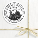 Merry Christmas Happy Holidays Winter Personalized Classic Round Sticker<br><div class="desc">Merry Christmas Happy Holidays Winter Personalized Name Stickers Labels features the text "Merry Christmas and Happy Holidays" in modern black script and personalized with your name surrounding a home with Christmas trees and snowflakes. Perfect for Christmas party favors and Holiday gifts or in the office for products or mail. Designed...</div>