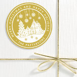 Merry Christmas Happy Holidays Winter Personalized Classic Round Sticker<br><div class="desc">Merry Christmas Happy Holidays Winter Personalized Name Stickers Labels features the text "Merry Christmas and Happy Holidays" in modern white script on a gold background and personalized with your name surrounding a home with Christmas trees and snowflakes. Perfect for Christmas party favors and Holiday gifts or in the office for...</div>