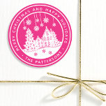 Merry Christmas Happy Holidays Winter Personalized Classic Round Sticker<br><div class="desc">Merry Christmas Happy Holidays Winter Personalized Name Stickers Labels features the text "Merry Christmas and Happy Holidays" in modern white script on a pink background and personalized with your name surrounding a home with Christmas trees and snowflakes. Perfect for Christmas party favors and Holiday gifts or in the office for...</div>
