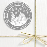 Merry Christmas Happy Holidays Winter Personalized Classic Round Sticker<br><div class="desc">Merry Christmas Happy Holidays Winter Personalized Name Stickers Labels features the text "Merry Christmas and Happy Holidays" in modern white script on a silver background and personalized with your name surrounding a home with Christmas trees and snowflakes. Perfect for Christmas party favors and Holiday gifts or in the office for...</div>