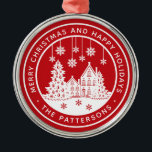 Merry Christmas Happy Holidays Winter Personalized Metal Ornament<br><div class="desc">Merry Christmas Happy Holidays Winter Personalized Name Ornaments features the text "Merry Christmas and Happy Holidays" in modern white script on a red background and personalized with your name surrounding a home with Christmas trees and snowflakes. Perfect for Christmas party favors and Holiday gifts. Designed by ©Evco Studio www.zazzle.com/store/evcostudio</div>