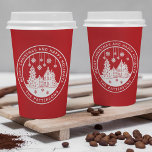 Merry Christmas Happy Holidays Winter Personalized Paper Cups<br><div class="desc">Merry Christmas Happy Holidays Winter Personalized Name Coffee Tea Paper Cups features the text "Merry Christmas and Happy Holidays" in modern white script on a red background and personalized with your name surrounding a home with Christmas trees and snowflakes. Perfect for Christmas parties. Designed by ©Evco Studio www.zazzle.com/store/evcostudio</div>