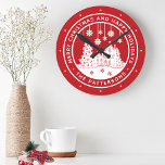 Merry Christmas Happy Holidays Winter Personalized Round Clock<br><div class="desc">Merry Christmas Happy Holidays Winter Personalized Name Clocks features the text "Merry Christmas and Happy Holidays" in modern white script on a red background and personalized with your name surrounding a home with Christmas trees and snowflakes. Perfect for Christmas party favors and Holiday gifts. Designed by ©Evco Studio www.zazzle.com/store/evcostudio</div>