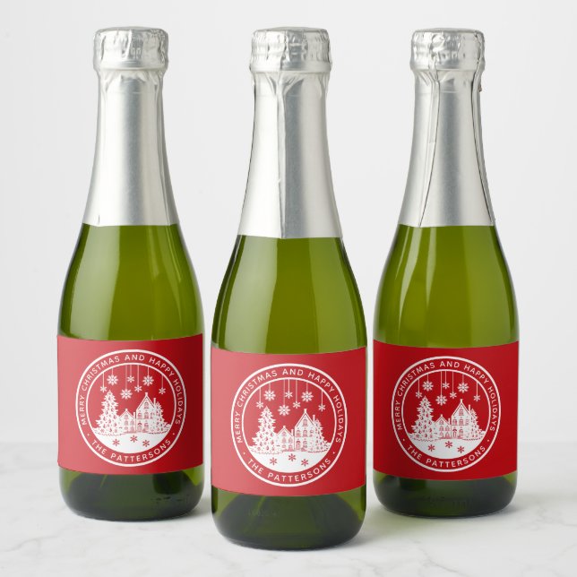 Merry Christmas Happy Holidays Winter Personalized Sparkling Wine Label (Bottles)