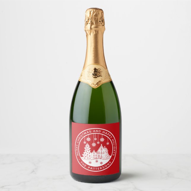 Merry Christmas Happy Holidays Winter Personalized Sparkling Wine Label (Front)