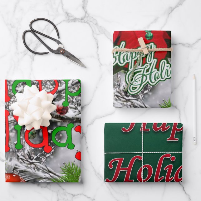Merry Christmas Happy Holidays Wrapping Paper Sheets (Front)