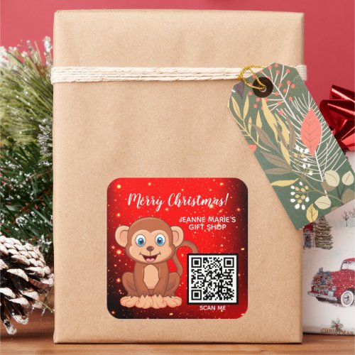 Merry Christmas Happy Monkey QR Code Square Sticker